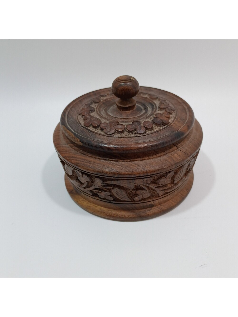 Vtg Hand Carved Dark Wood  Round Lidded Container Trinket Tobacco Stash Box Gift